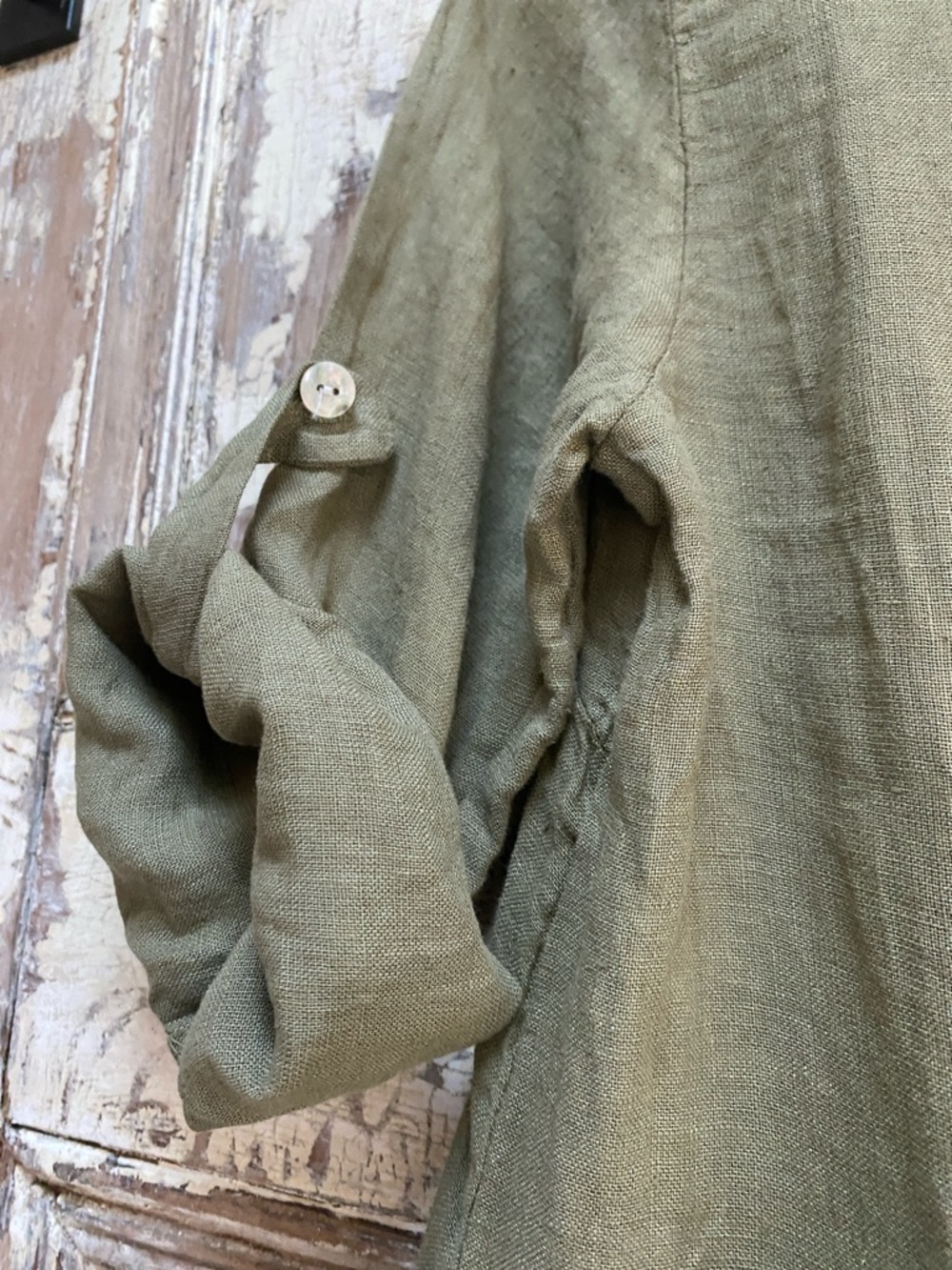 Elena Baldi Linen Relaxed Olive Shirt Dress with Roll-Tab Sleeves, Size M - Picture 5 of 9